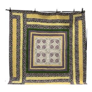 Vintage Handmade Embroidered Floral Quilt – Purple & Yellow Patchwork